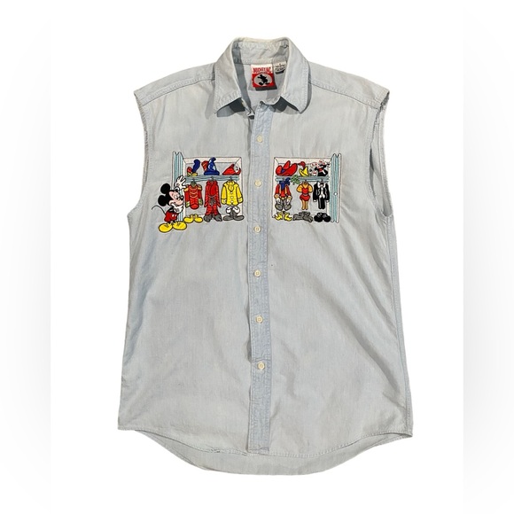 Vintage Mickey Mouse Outfit Change Denim Chambray Sleeveless Button Down - Picture 1 of 9